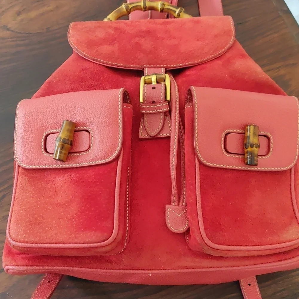 Red Suede Gucci Backpack Vintage Bamboo - Picture 9 of 17